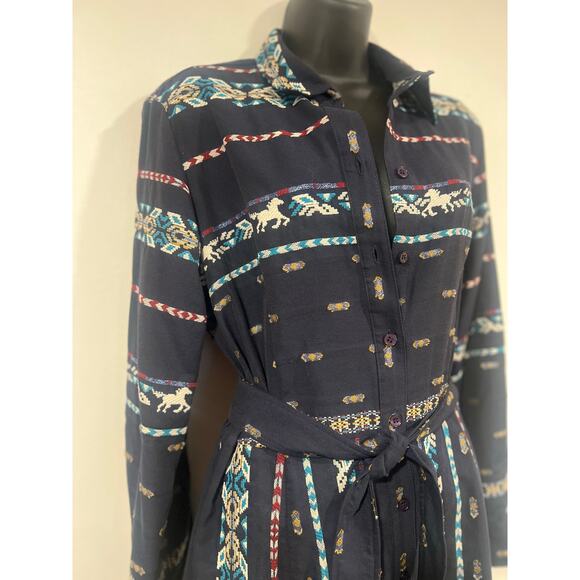 Finley Taos in Navy Blue Western Horse Embroidered Belted Shirt Dress M - Picture 10 of 10